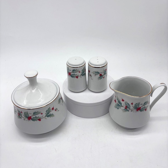 China Pearl Other - China Pearl Holly Berry Christmas Creamer Sugar Salt Pepper Set White Holiday